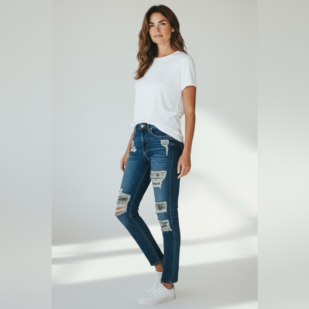 NWT Ramy Brook Naomi Size 28 Ripped Sequin Mid-Rise Medium Wash Skinny Jeans